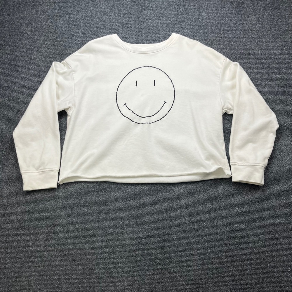 Unbranded Smiley Face Graphic Embroidered White Raw Hem Pullover Sweatshirt
